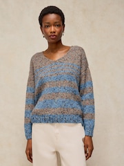 White Stuff Brown/Blue Stripe Textured V-Neck Jumper - Image 1 of 6