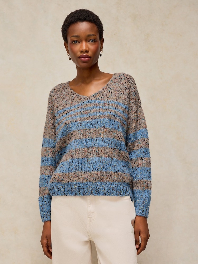 White Stuff Brown/Blue Stripe Textured V-Neck Jumper - Image 1 of 6 White Stuff Brown/Blue Stripe Textured V-Neck Jumper - Image 1 of 6