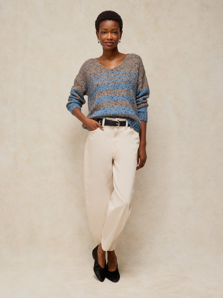White Stuff Brown/Blue Stripe Textured V-Neck Jumper - Image 2 of 6 White Stuff Brown/Blue Stripe Textured V-Neck Jumper - Image 2 of 6