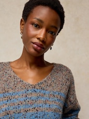White Stuff Brown/Blue Stripe Textured V-Neck Jumper - Image 4 of 6