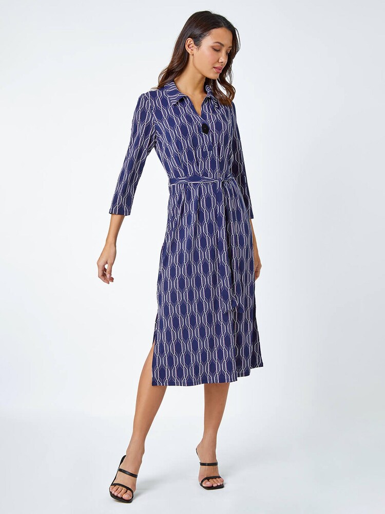 Roman Blue Geometric Print Shirt Dress - Image 1 of 5