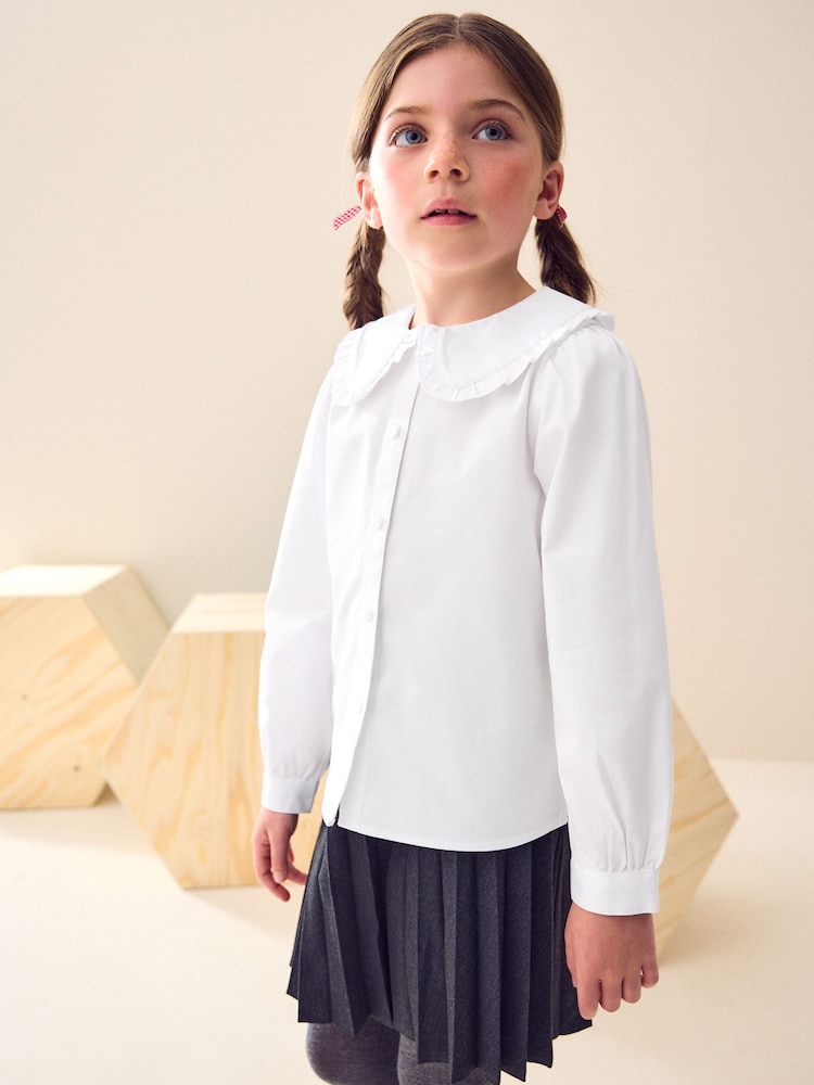 White Long Sleeve Lace Trim School Blouse (3-14yrs) - Image 1 of 10