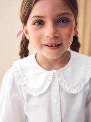 White Long Sleeve Lace Trim School Blouse (3-14yrs) - Image 3 of 10
