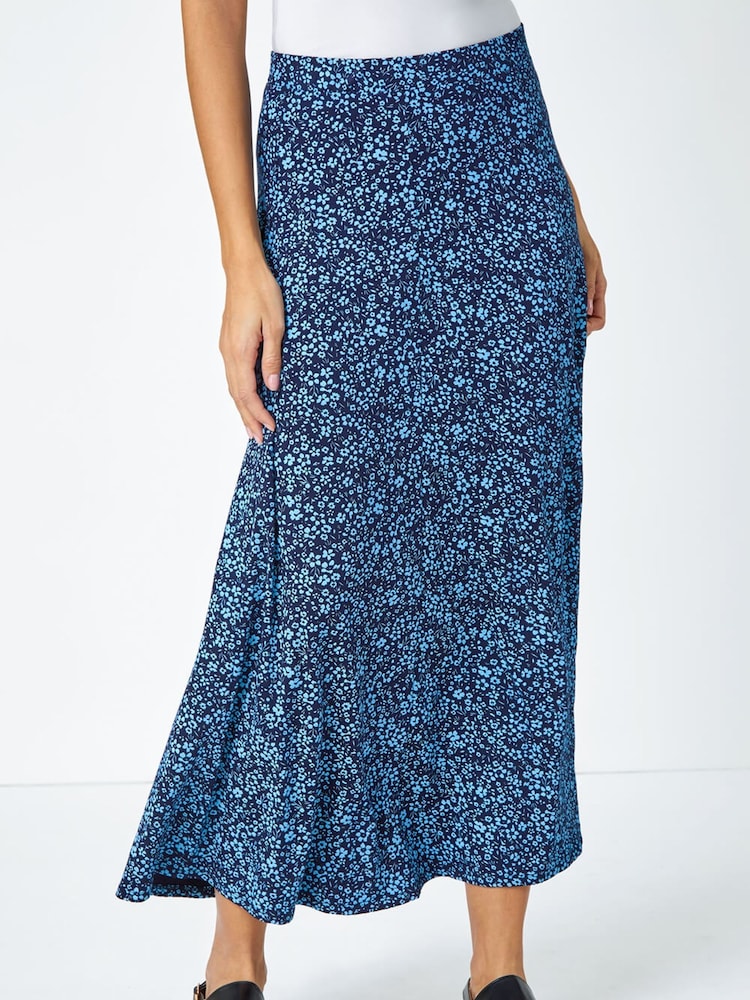 Roman Blue Ditsy Floral Stretch Midi Skirt - Image 1 of 5