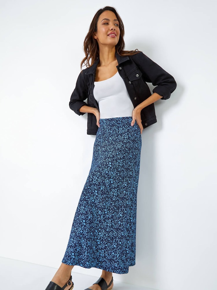 Roman Blue Ditsy Floral Stretch Midi Skirt - Image 3 of 5