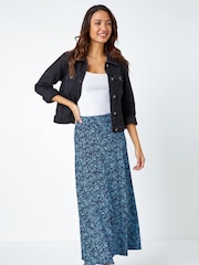 Roman Blue Ditsy Floral Stretch Midi Skirt - Image 4 of 5