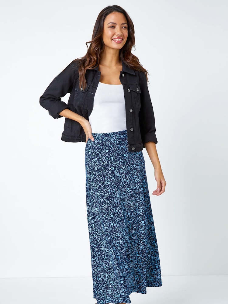 Roman Blue Ditsy Floral Stretch Midi Skirt - Image 4 of 5