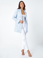 Roman Blue Textured Check Boucle Blazer Jacket - Image 2 of 5
