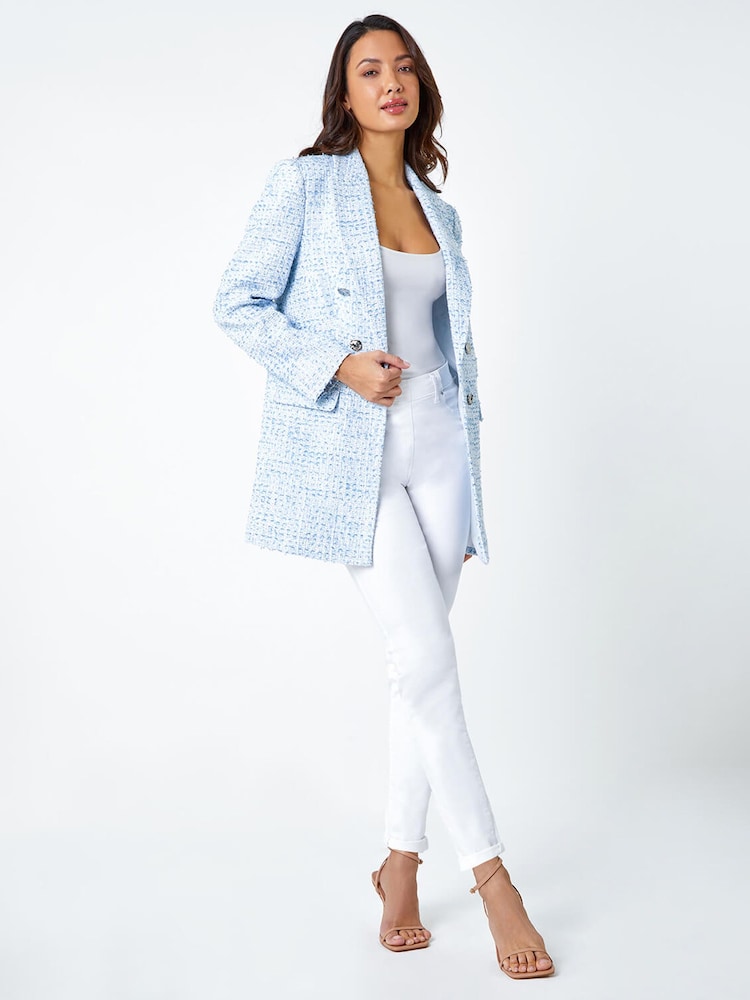 Roman Blue Textured Check Boucle Blazer Jacket - Image 2 of 5