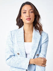 Roman Blue Textured Check Boucle Blazer Jacket - Image 4 of 5