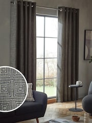 Black/White Monochrome Woven Geometric Eyelet Lined Curtains - Image 1 of 6