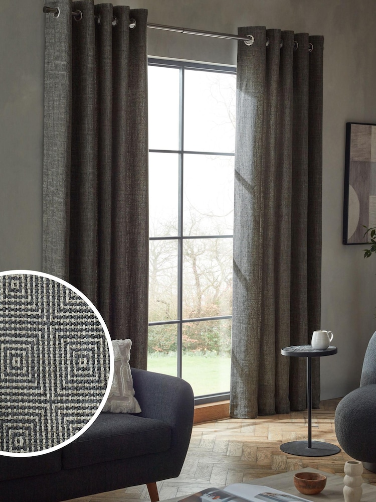 Black/White Monochrome Woven Geometric Eyelet Lined Curtains - Image 1 of 6