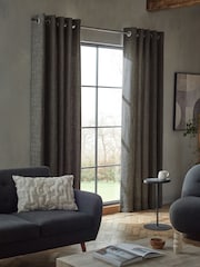 Black/White Monochrome Woven Geometric Eyelet Lined Curtains - Image 2 of 6