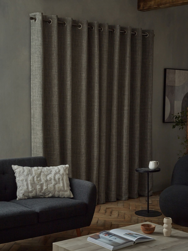 Black/White Monochrome Woven Geometric Eyelet Lined Curtains - Image 3 of 6