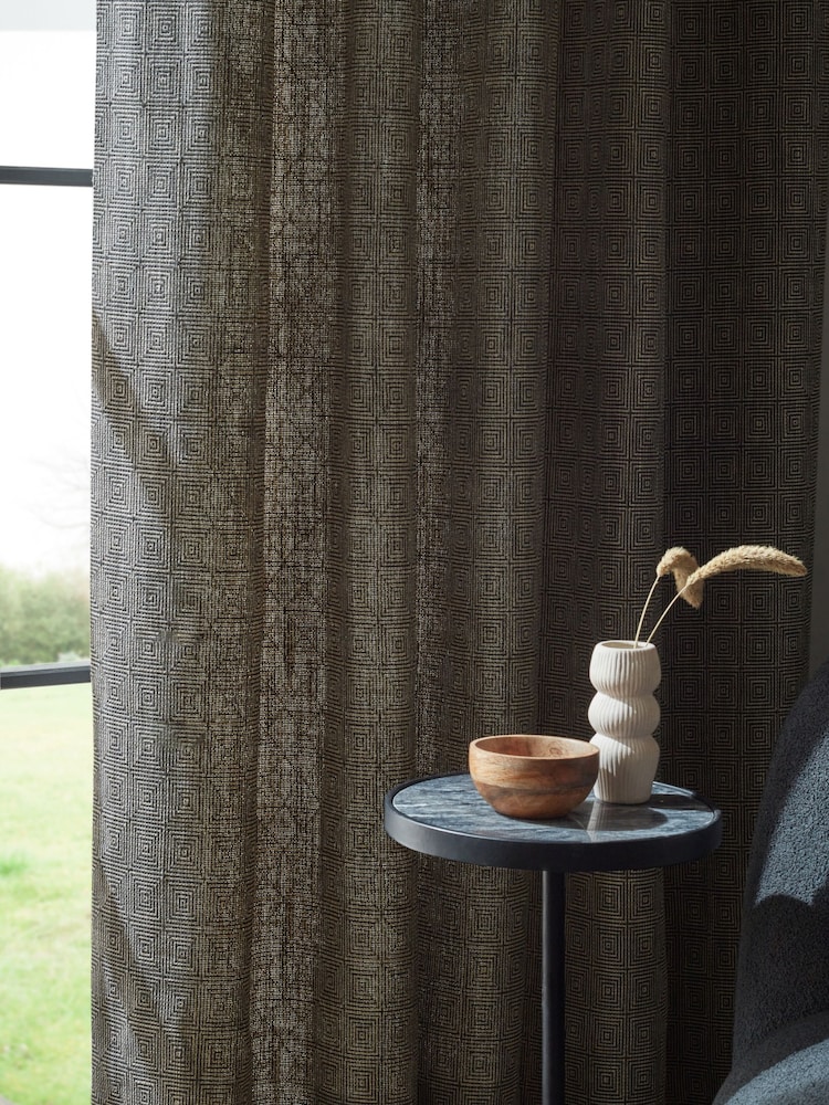 Black/White Monochrome Woven Geometric Eyelet Lined Curtains - Image 4 of 6