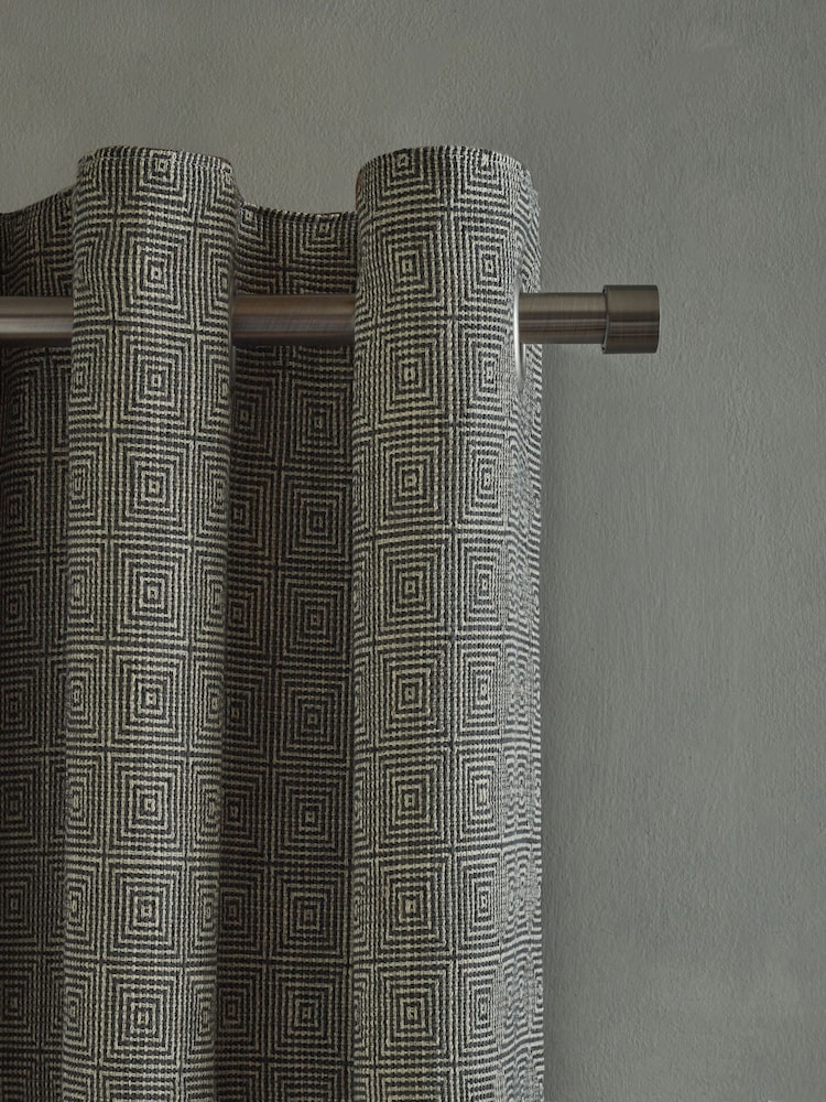 Black/White Monochrome Woven Geometric Eyelet Lined Curtains - Image 5 of 6