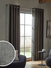 Black/White Monochrome Woven Geometric Eyelet Lined Curtains - Image 6 of 6