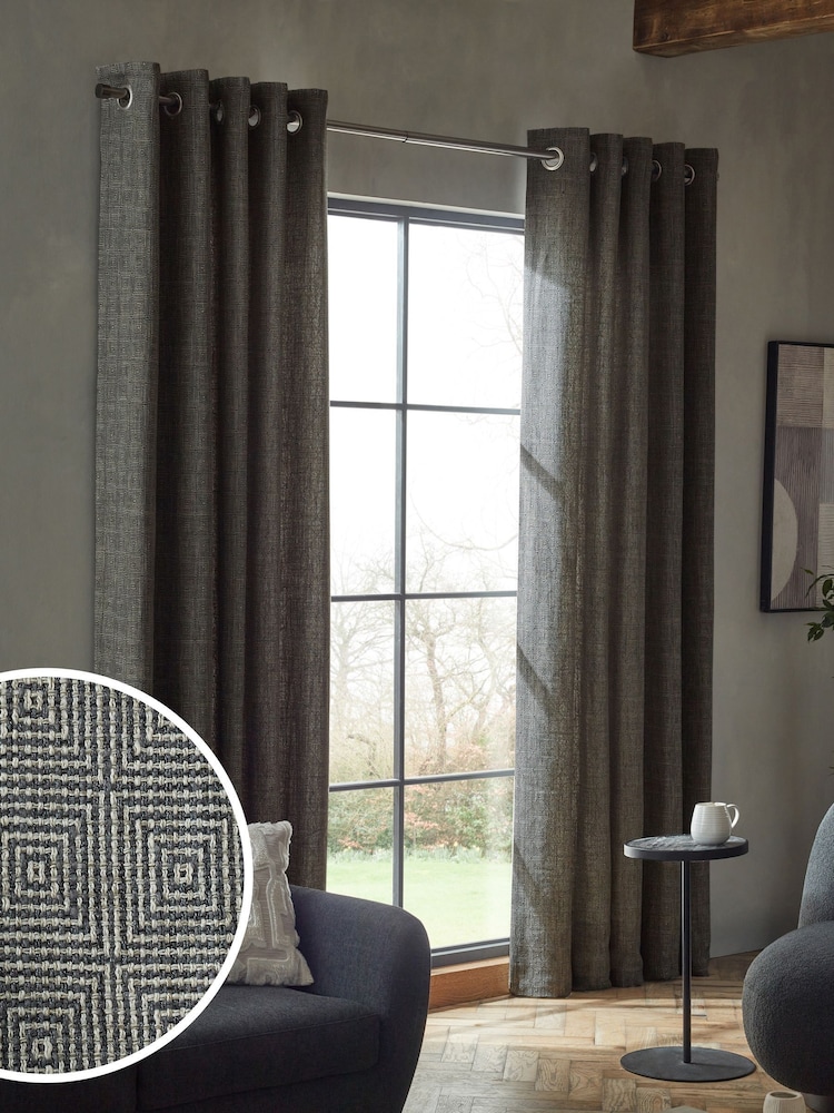 Black/White Monochrome Woven Geometric Eyelet Lined Curtains - Image 6 of 6