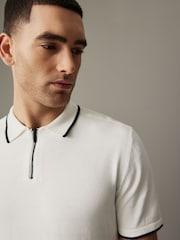 White Knitted Textured Panel Regular Fit Polo Shirt - Image 1 of 10