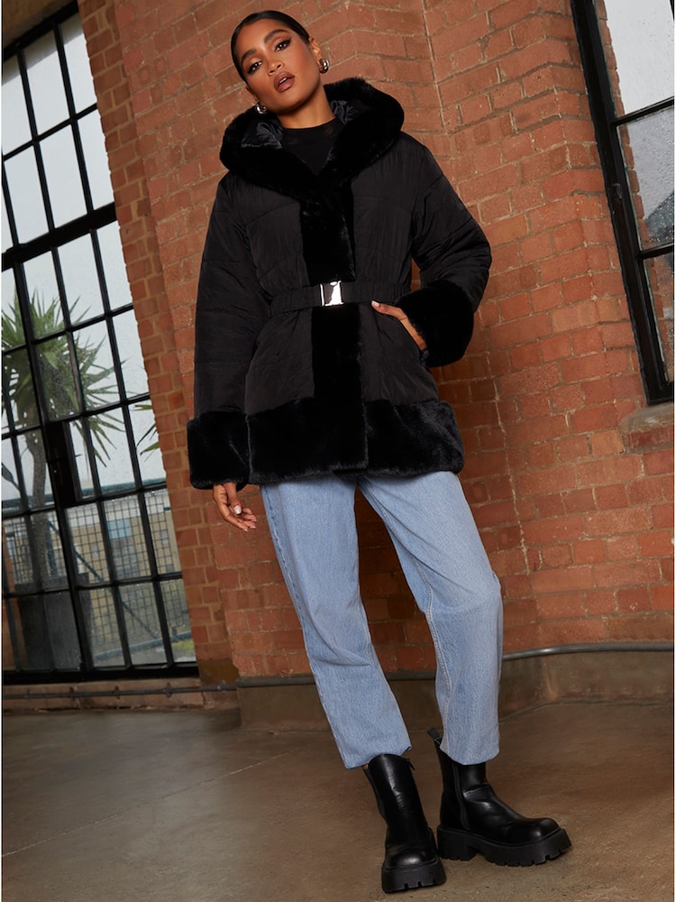 Chi Chi London Black Faux Fur Belted Padded Coat - Image 1 of 4 Chi Chi London Black Faux Fur Belted Padded Coat - Image 1 of 4