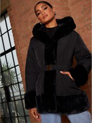 Chi Chi London Black Faux Fur Belted Padded Coat - Image 3 of 4