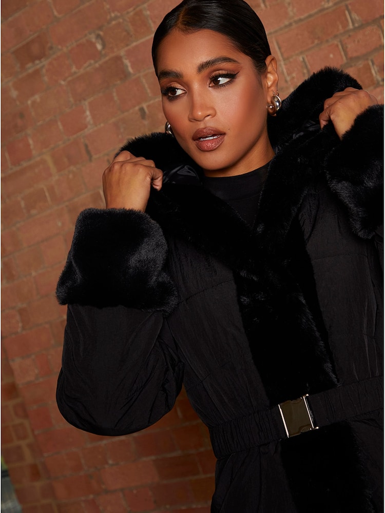Chi Chi London Black Faux Fur Belted Padded Coat - Image 4 of 4 Chi Chi London Black Faux Fur Belted Padded Coat - Image 4 of 4