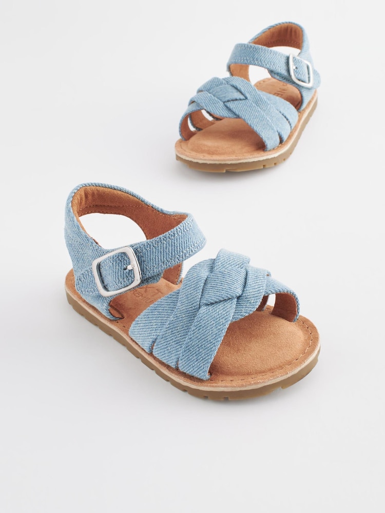 Blue Standard Fit (F) Leather Woven Ankle Strap Sandals - Image 1 of 7