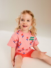 Pink Tulip Flower Print Short Sleeve Top and Shorts Set (3mths-7yrs) - Image 1 of 7