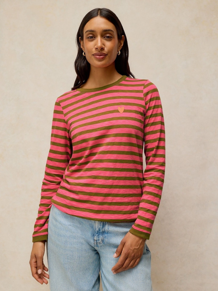White Stuff Pink Clara Stripe Embroidered T-Shirt - Image 1 of 6