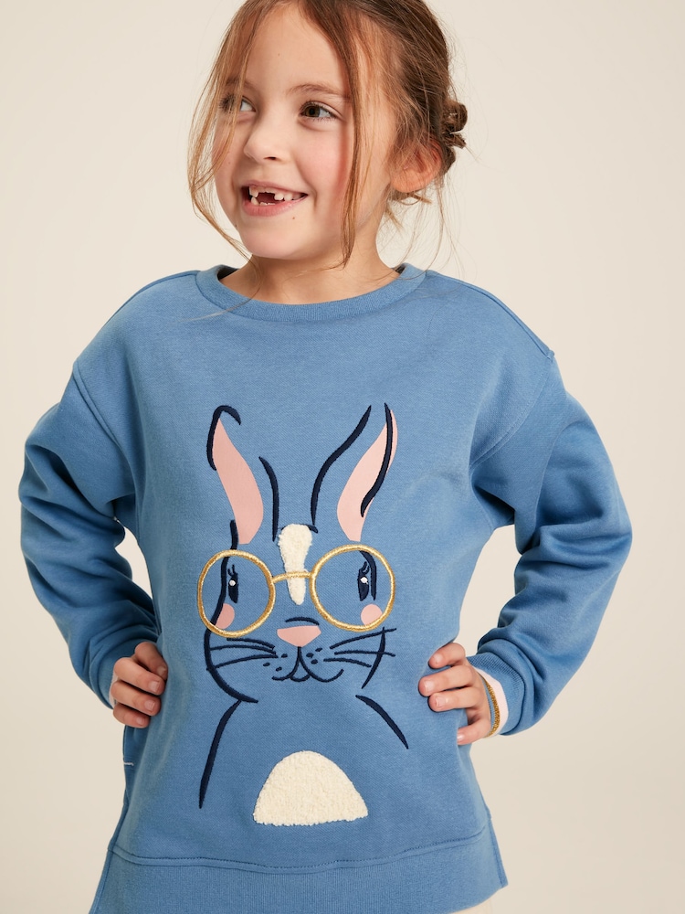 Joules Girls' Mackenzie Blue Rabbit Embroidered Artwork Crew Neck Sweatshirt - Image 1 of 10