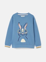 Joules Girls' Mackenzie Blue Rabbit Embroidered Artwork Crew Neck Sweatshirt - Image 6 of 10
