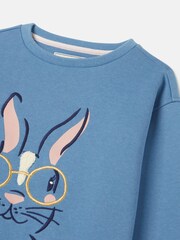 Joules Girls' Mackenzie Blue Rabbit Embroidered Artwork Crew Neck Sweatshirt - Image 8 of 10