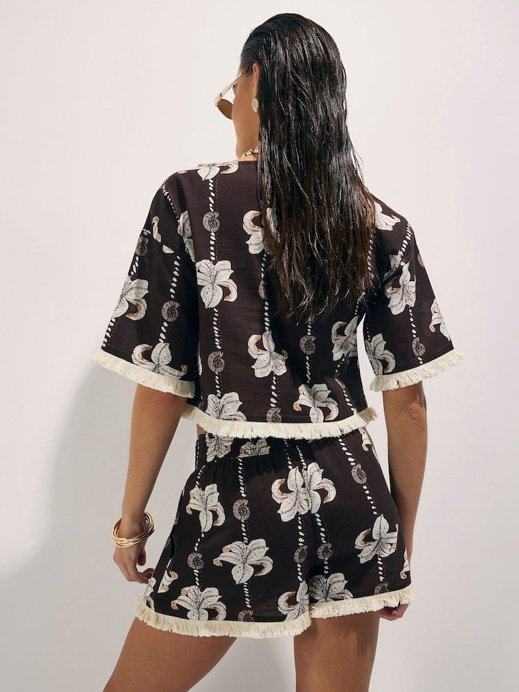 River Island Brown Floral Shell Print Top And Shorts Set - Image 2 of 4