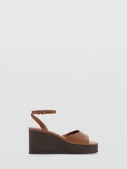 Mango Brown Leather Open Toe Wedge Sandals - Image 1 of 4