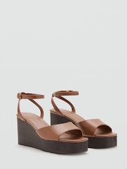 Mango Brown Leather Open Toe Wedge Sandals - Image 2 of 4