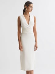 Reiss Ivory Jayla Fitted Wrap Design Midi Dress - Image 1 of 5