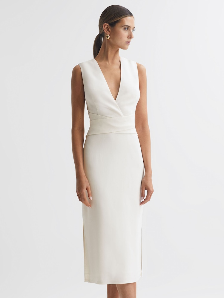 Reiss Ivory Jayla Fitted Wrap Design Midi Dress - Image 1 of 5