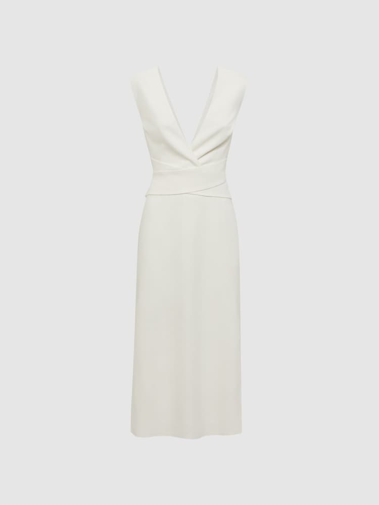 Reiss Ivory Jayla Fitted Wrap Design Midi Dress - Image 2 of 5