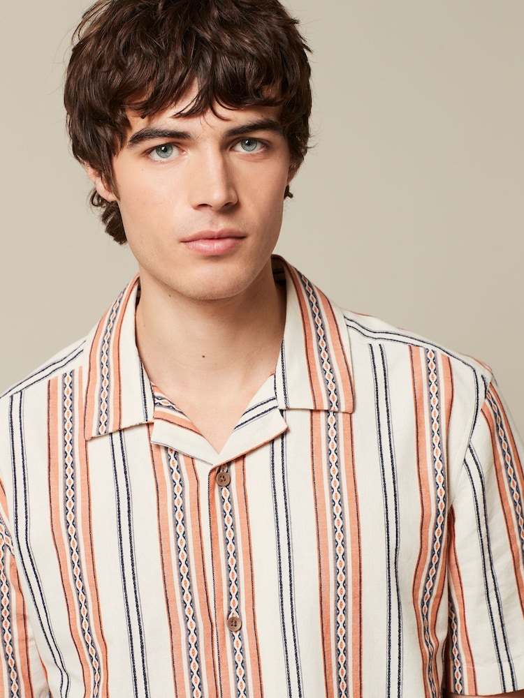 Ecru/Orange Textured Stripe Short Sleeve Cuban Collar Shirt - Image 1 of 7