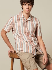 Ecru/Orange Textured Stripe Short Sleeve Cuban Collar Shirt - Image 2 of 7