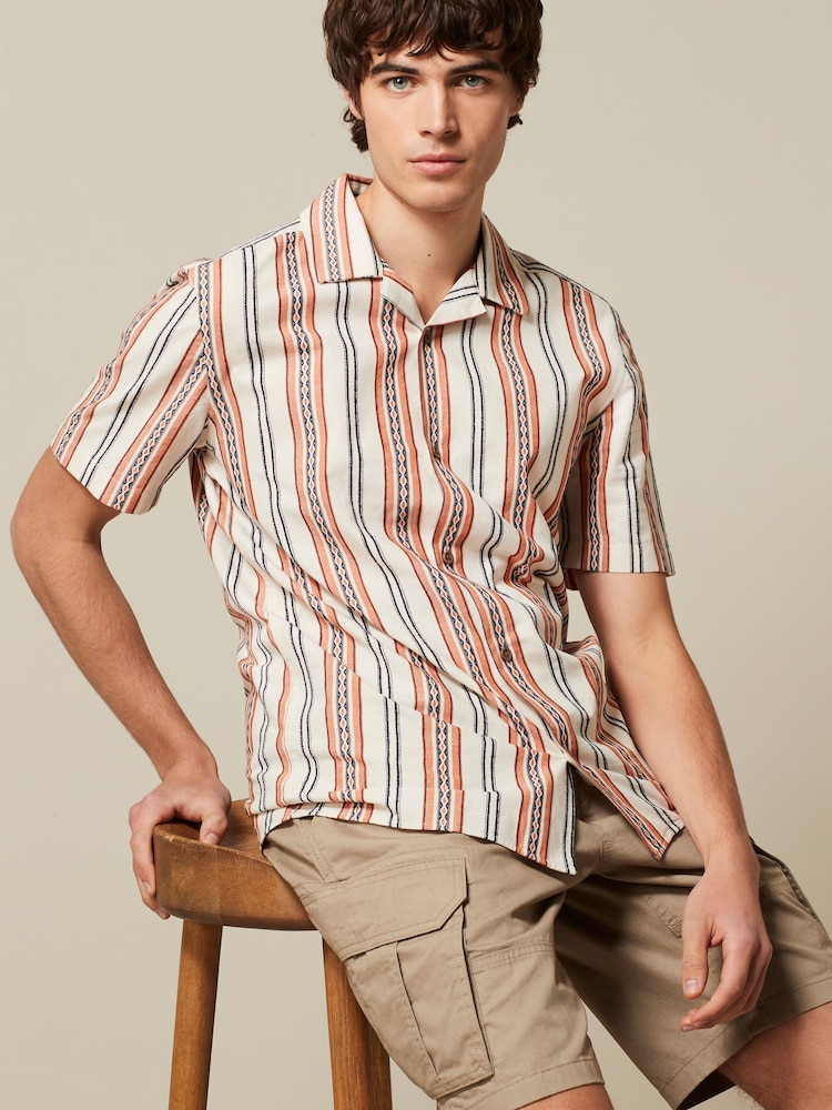 Ecru/Orange Textured Stripe Short Sleeve Cuban Collar Shirt - Image 2 of 7
