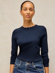White Stuff Blue Aida Scallop Long Sleves T-Shirt - Image 3 of 6