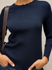 White Stuff Blue Aida Scallop Long Sleves T-Shirt - Image 4 of 6