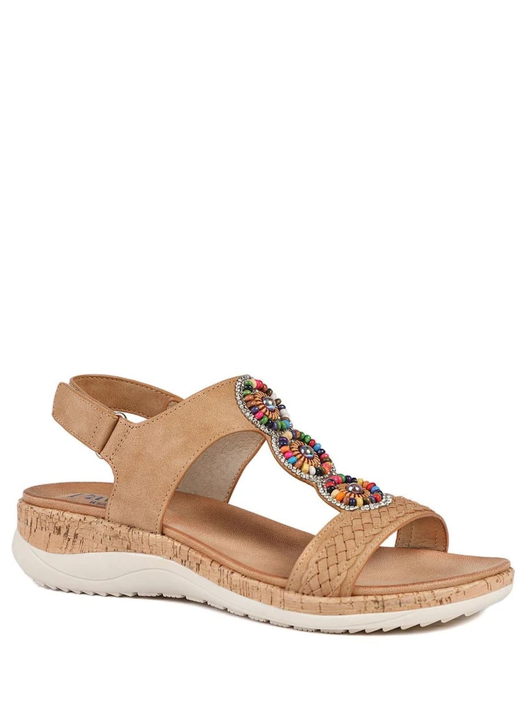 Pavers Tan Brown Comfort Beaded Wedge Sandals - Image 2 of 5