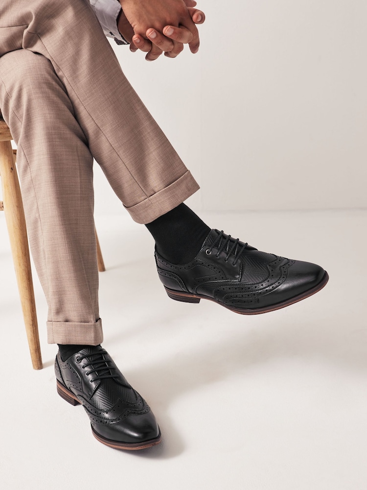 Black Texture Detail Double Wing Brogue Shoes - Image 1 of 7