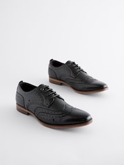 Black Texture Detail Double Wing Brogue Shoes - Image 2 of 7