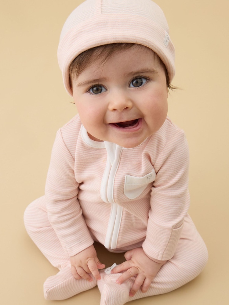 MORI Pink White & Blush Stripe Supersoft Baby Hats 2 Pack - Image 2 of 3 MORI Pink White & Blush Stripe Supersoft Baby Hats 2 Pack - Image 2 of 3