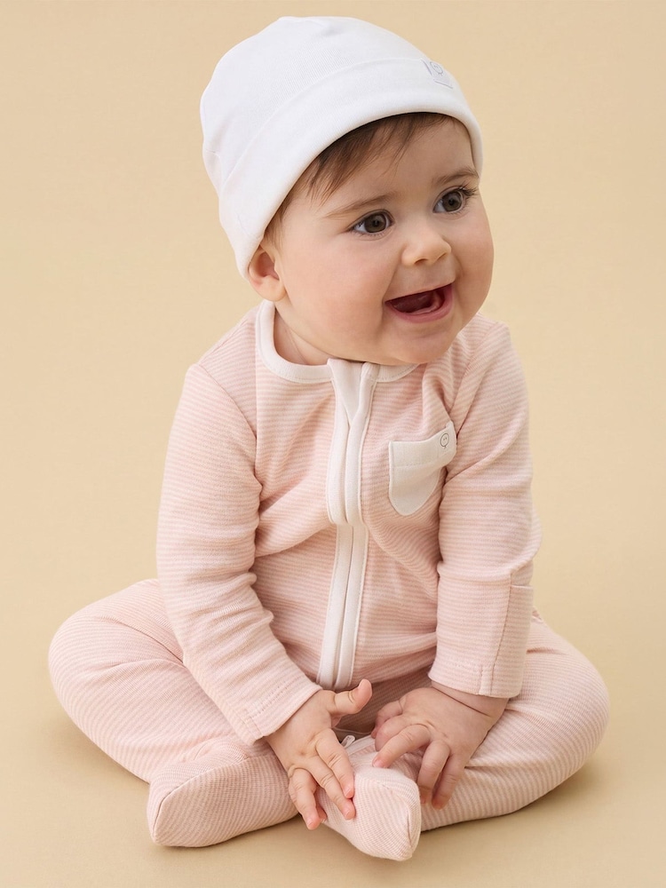 MORI Pink White & Blush Stripe Supersoft Baby Hats 2 Pack - Image 3 of 3 MORI Pink White & Blush Stripe Supersoft Baby Hats 2 Pack - Image 3 of 3