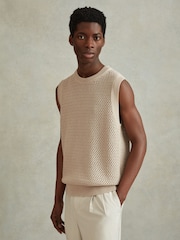 Reiss Soft Taupe Dandy Cotton Blend Crochet Vest - Image 1 of 6
