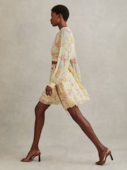Reiss Pink/Yellow Lyla Floral Print Tie Waist Mini Skirt - Image 1 of 5
